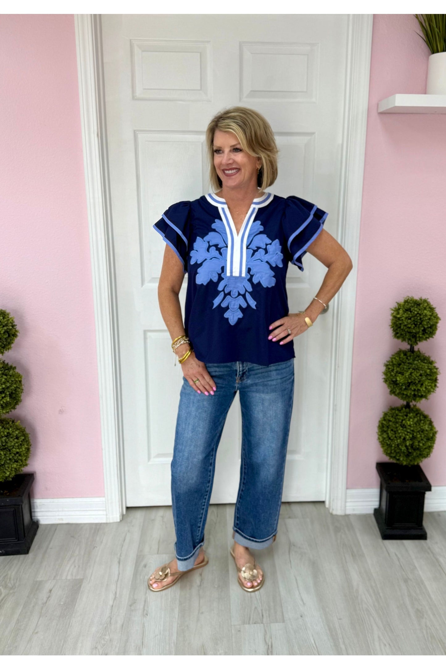 Gabi Navy Flutter Sleeve