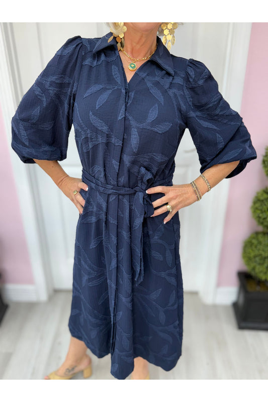 Textured Midi Dress w/Tie Waist