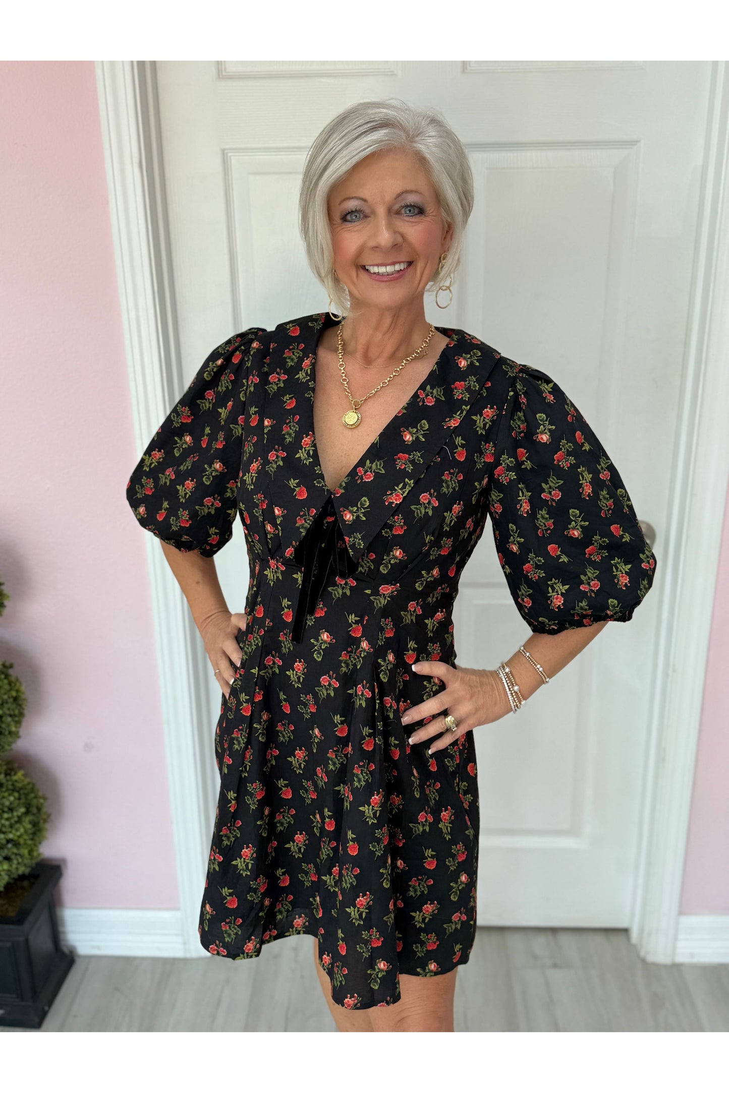 Floral Collar Dress W/Velvet Tie