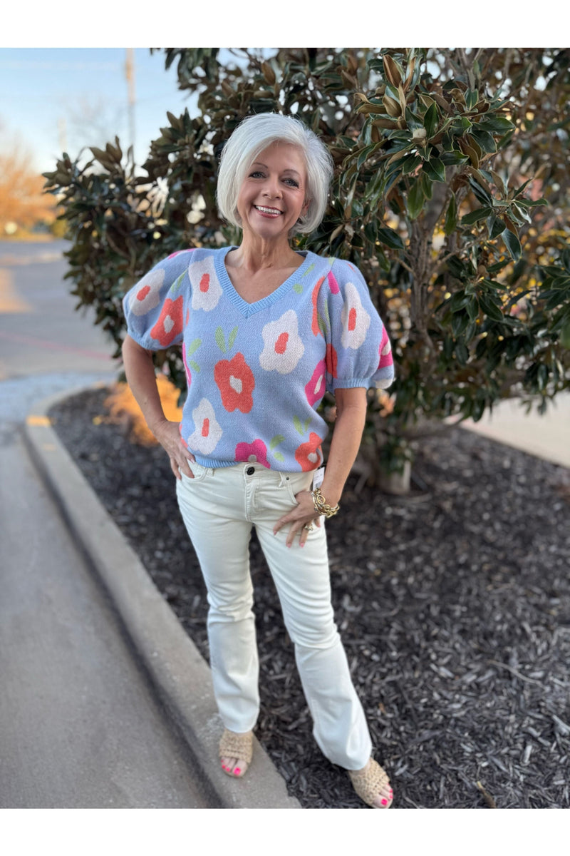 Floral Pattern Puff Sleeve Sweater