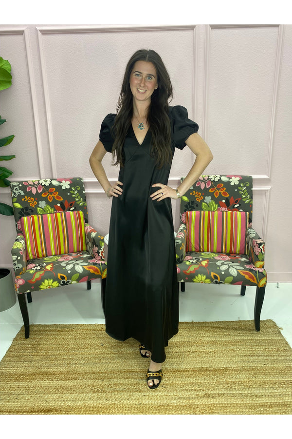 Bring On The Holidays Black Satin Maxi Dress