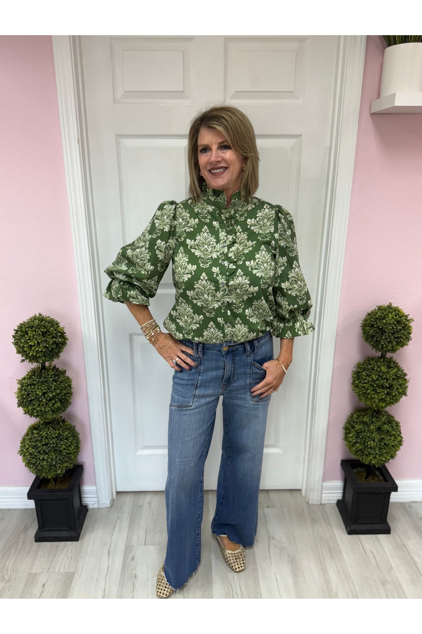 Green Baroque Ruffle Blouse