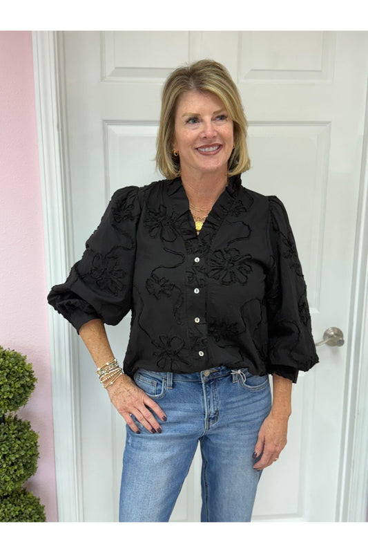 3/4 Sleeve 3D Floral Top