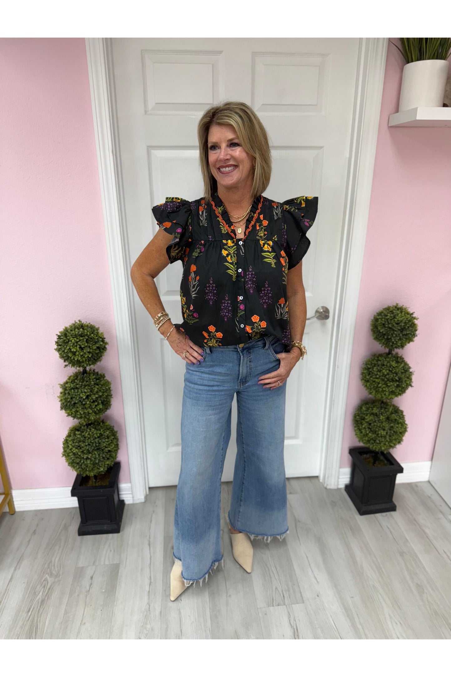 Botanical Print Flutter Sleeve Top
