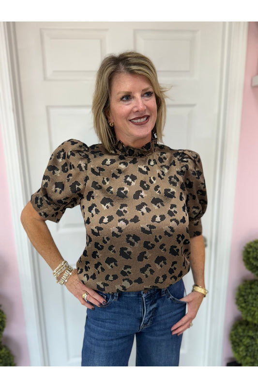 Bronze Animal Print Ruffle Neck Blouse