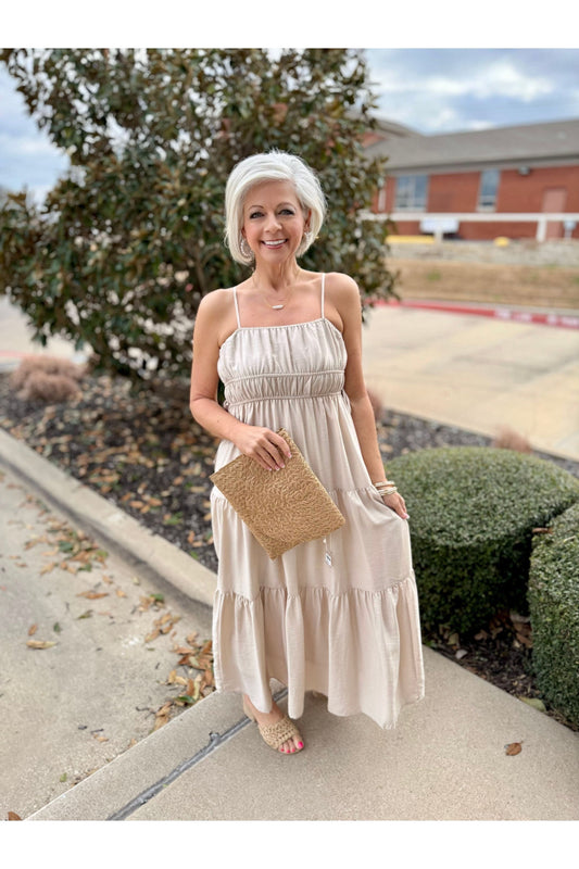 Waist Tie Shirred Midi Dress