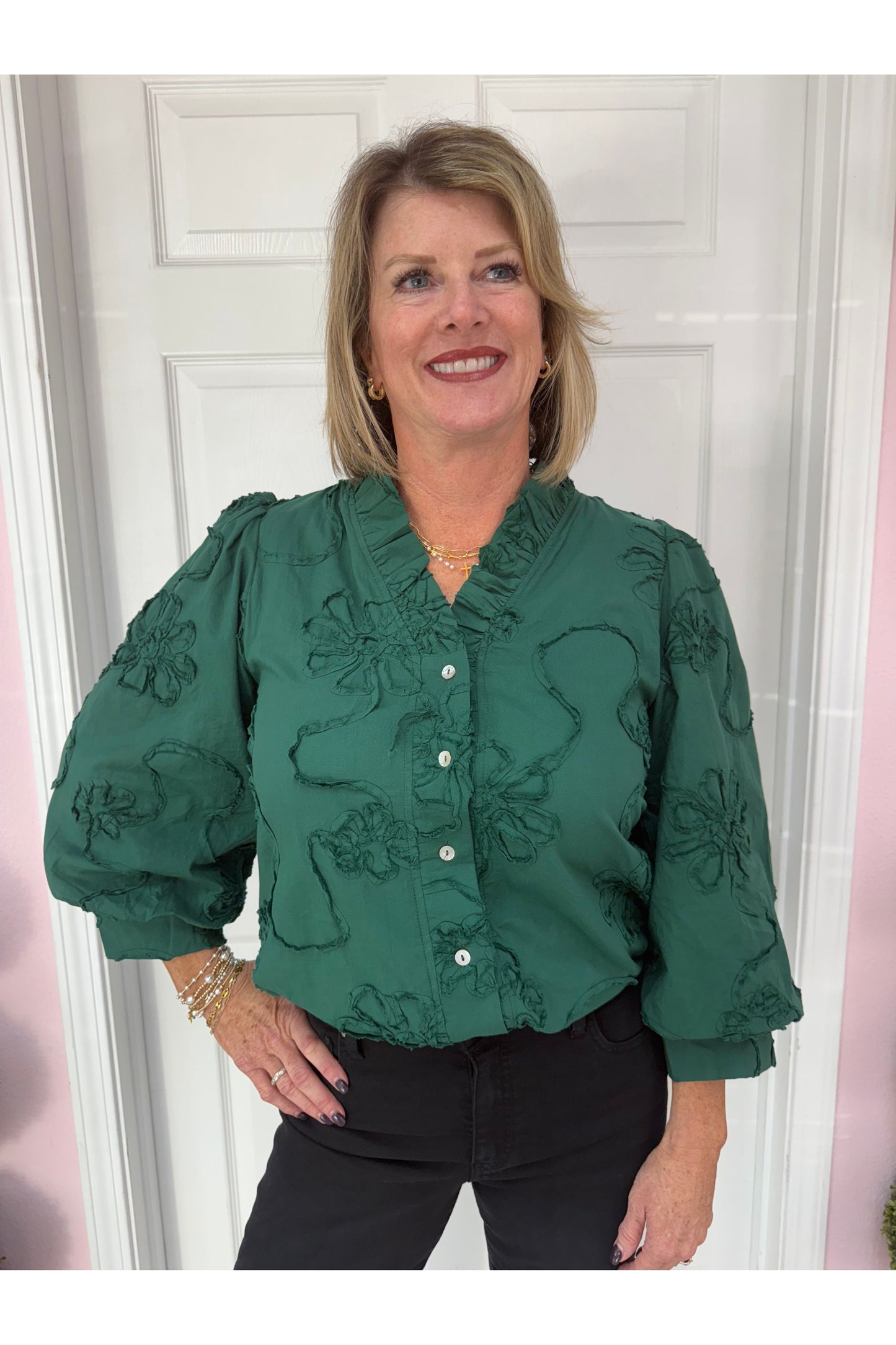 3/4 Sleeve 3D Floral Top