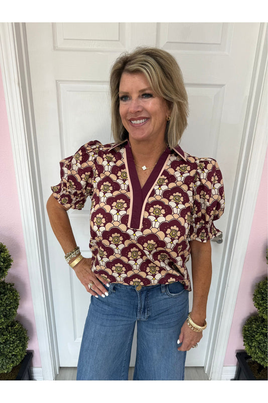 Burgundy Floral-Patterned Blouse