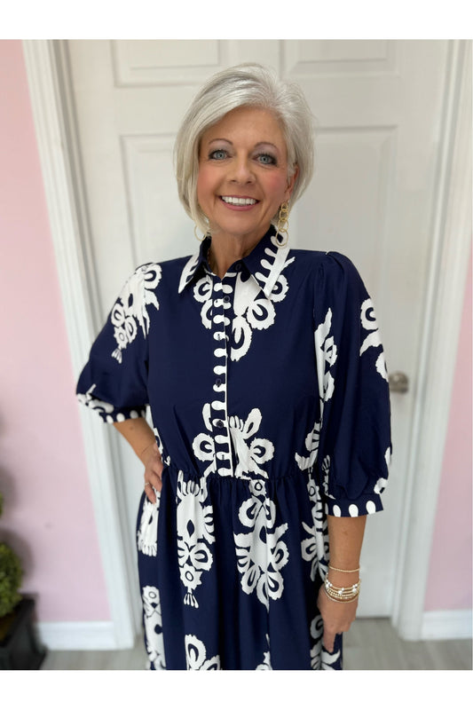 Grier Navy Bold Print Midi Dress