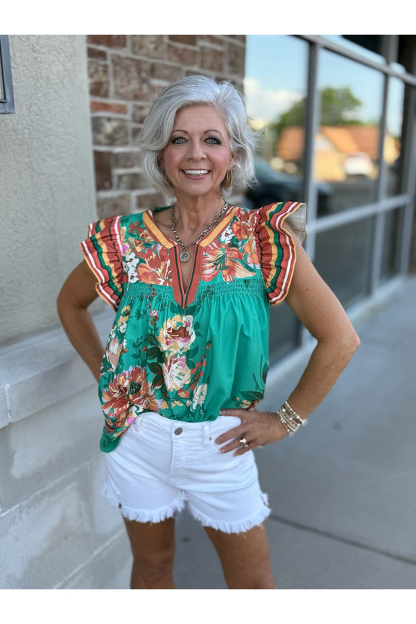 Meadow Mint Blouse W/Flutter Sleeve