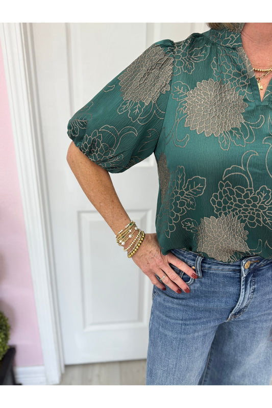 Floral Jacquard Puff Sleeve Blouse