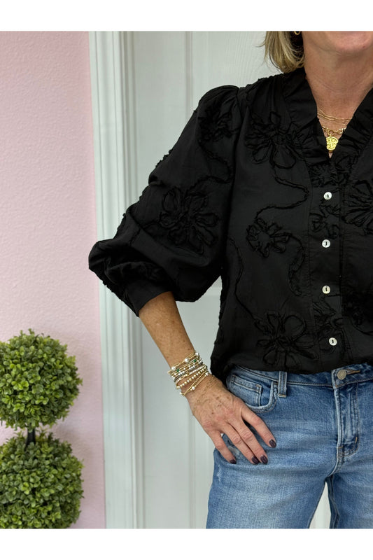 3/4 Sleeve 3D Floral Top