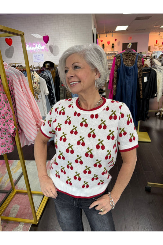 Short Sleeve Cherry Jacquard Sweater