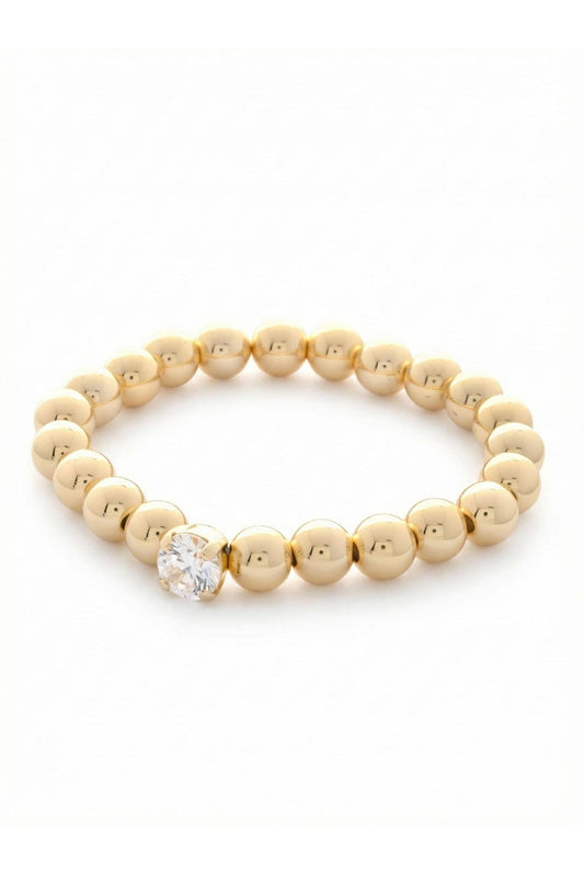Clear Crystal & 10K Gold Plated Beaded Stretch Bracelet 7in