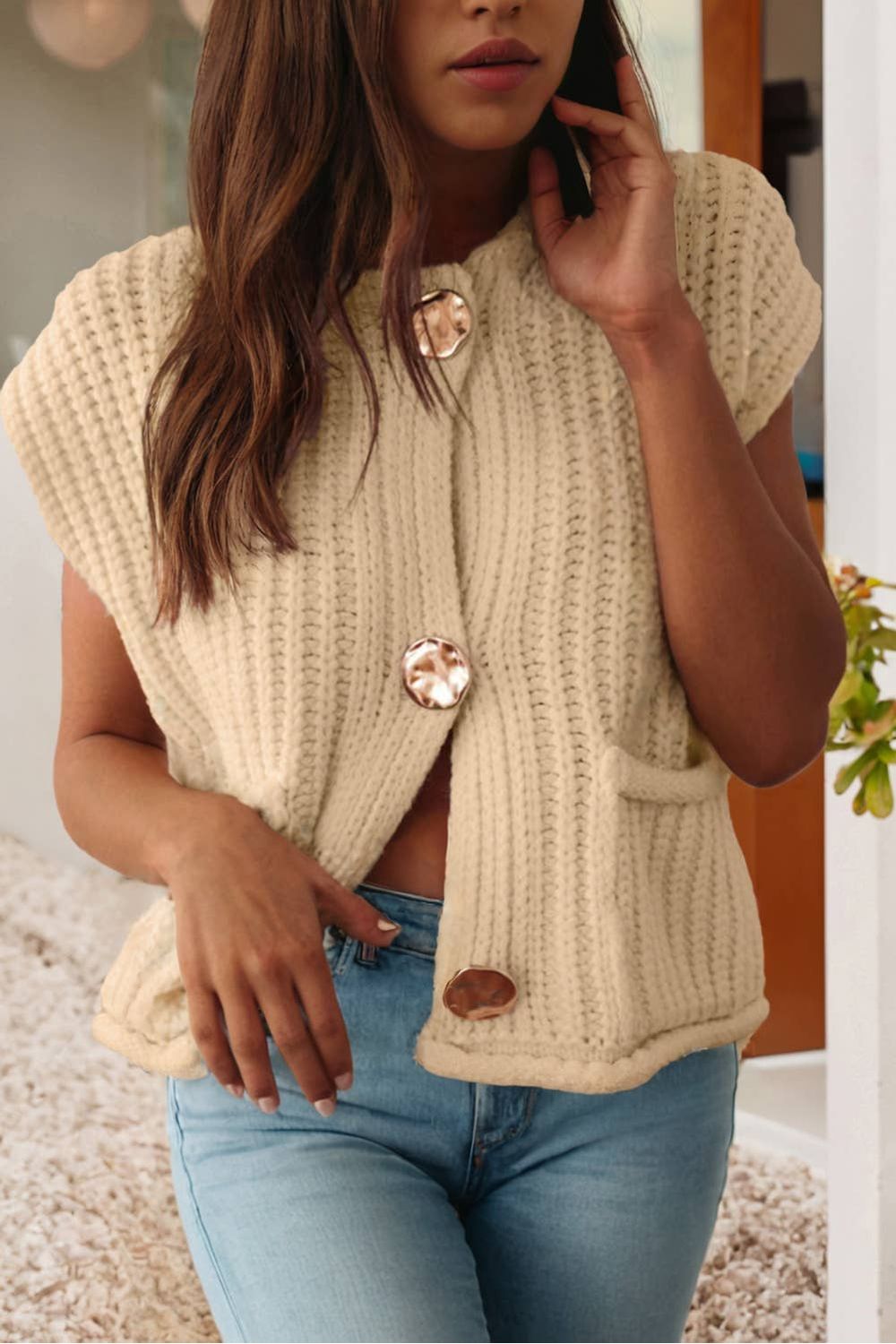 Solid Textured Knit Side Pockets Buttoned Sweater Vest