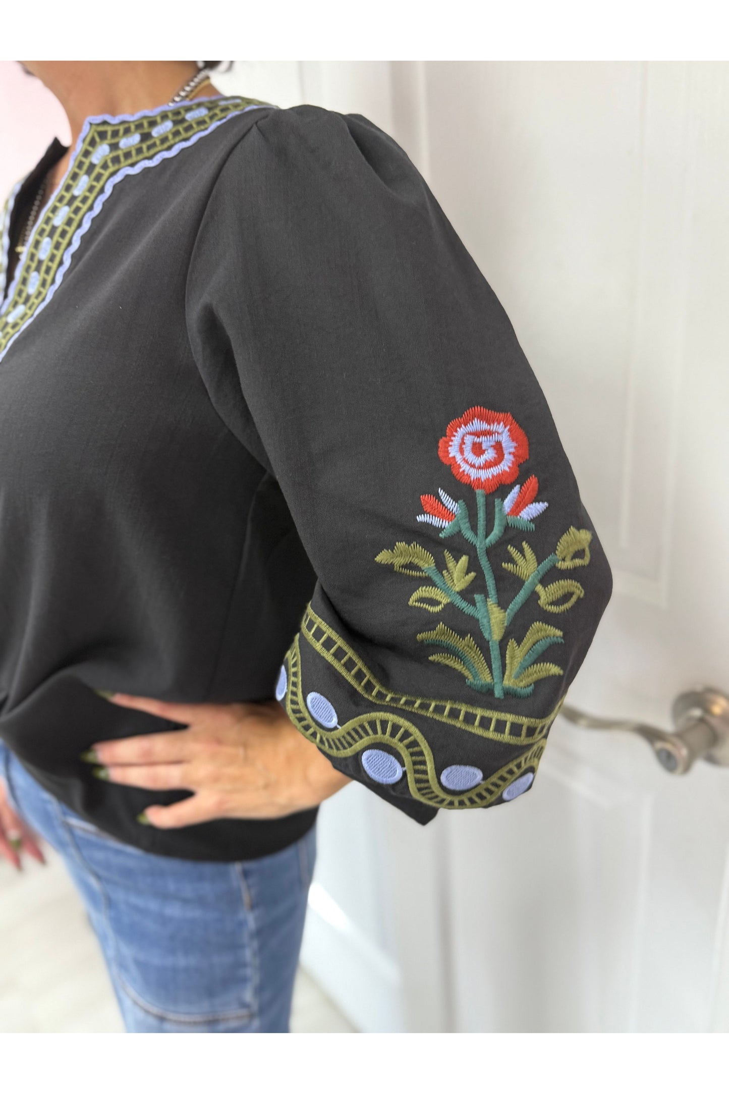 Nikki Black Embroidered Top