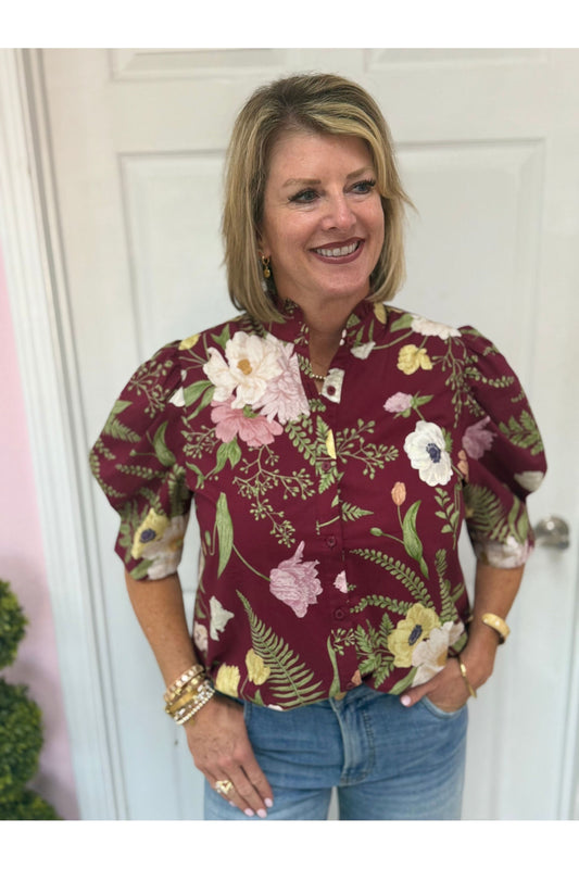 Burgundy Floral Puff Sleeve