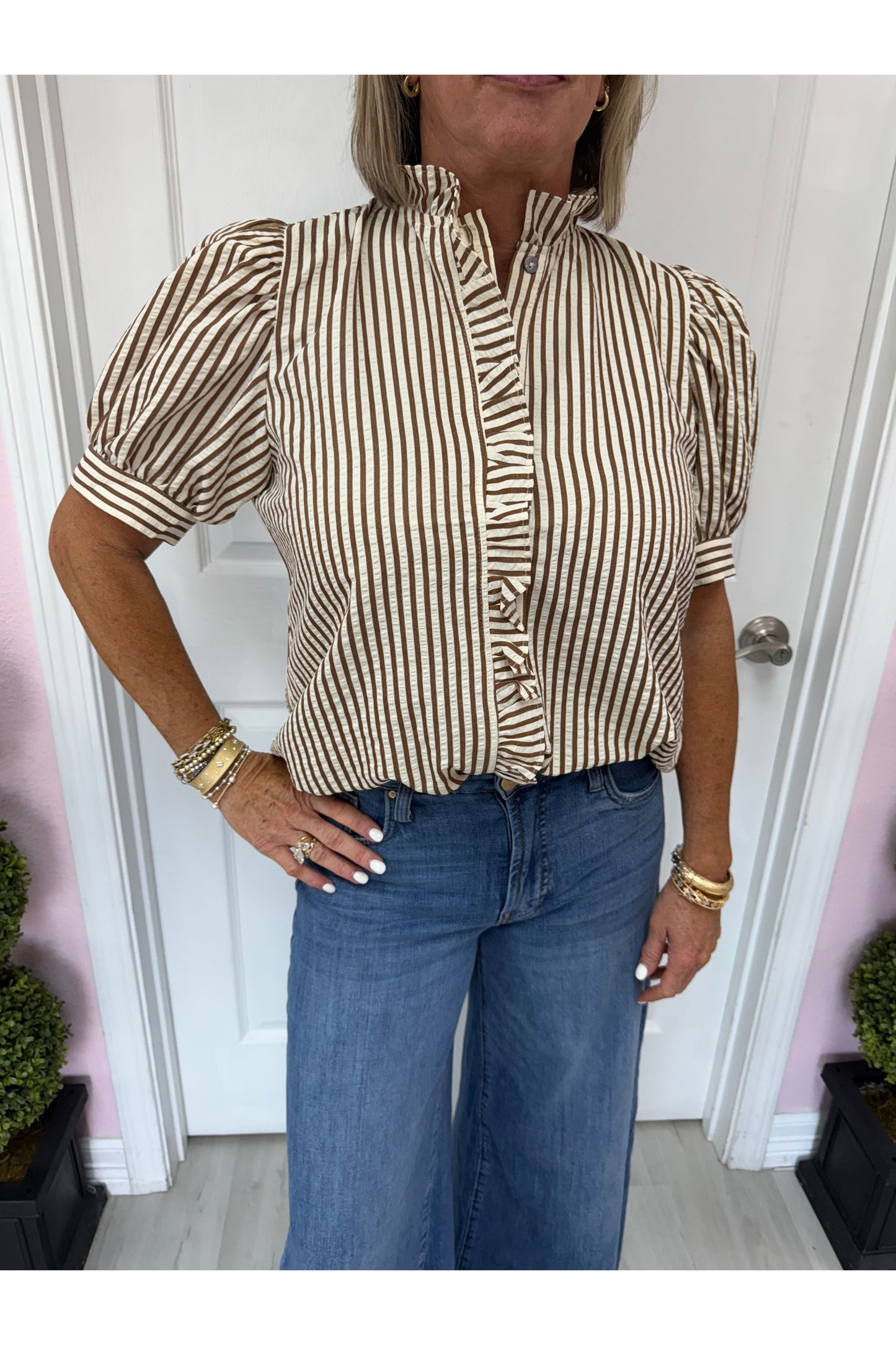 Heather Striped Ruffle Blouse