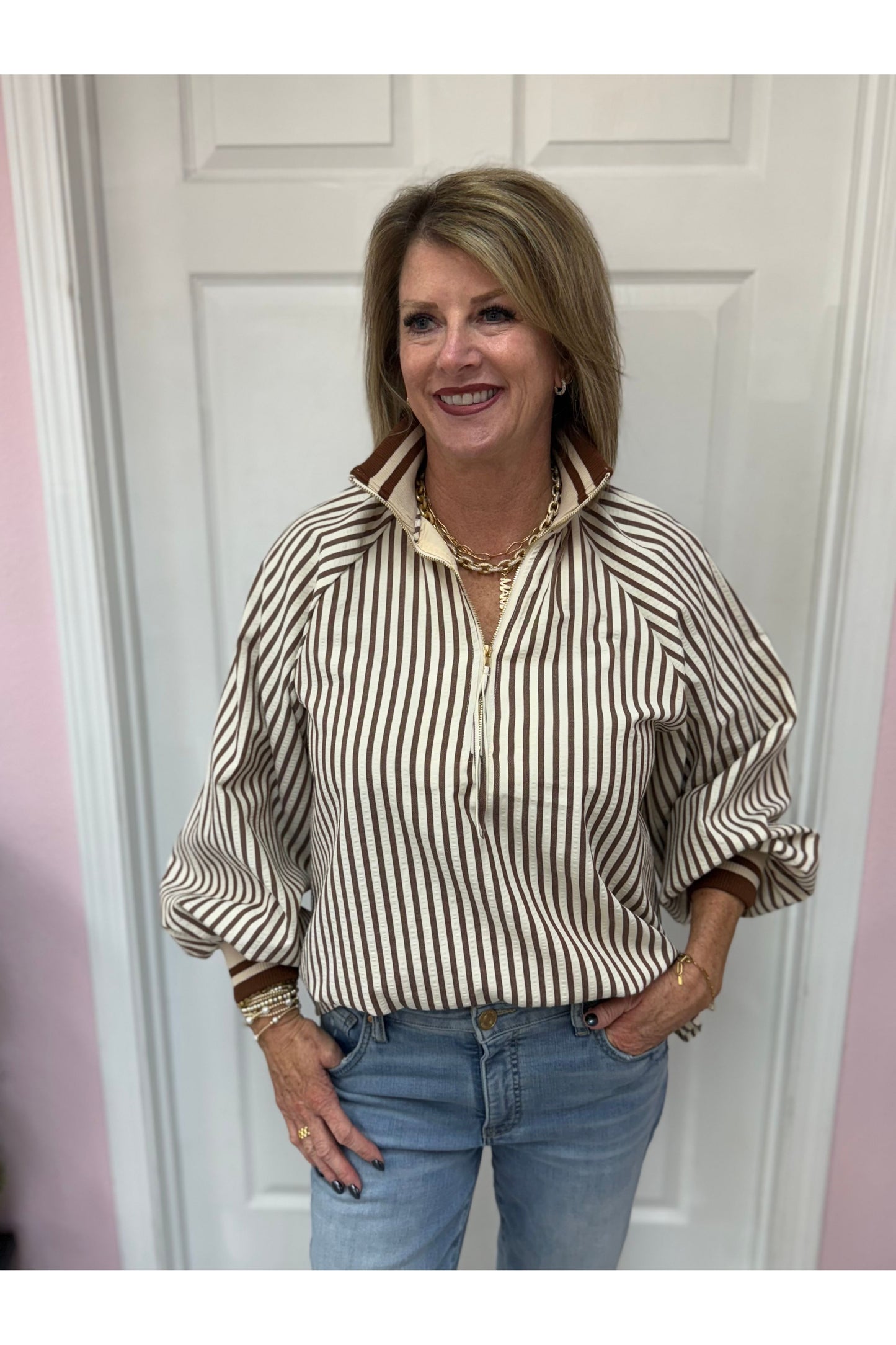 Striped Long Sleeve Top W/Ribbed Collar