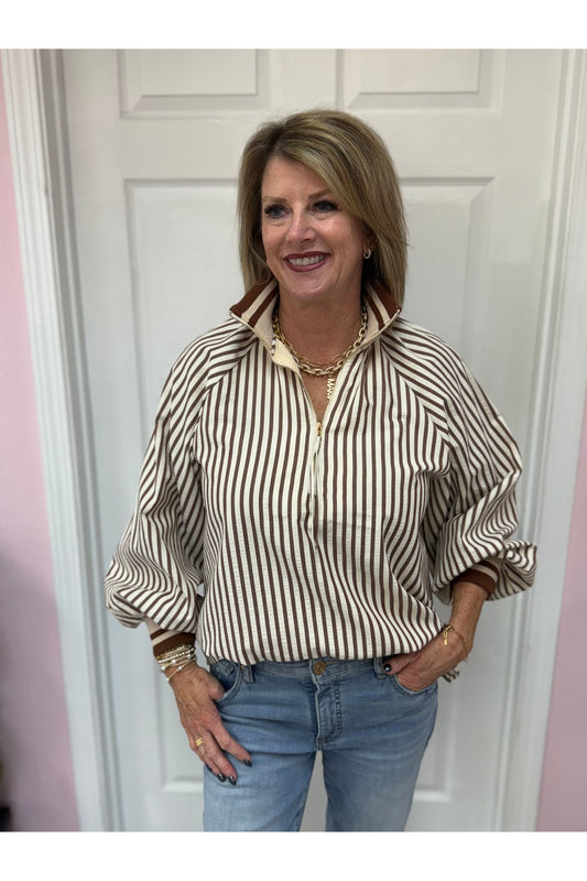 Striped Long Sleeve Top W/Ribbed Collar