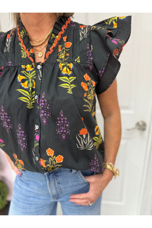 Botanical Print Flutter Sleeve Top
