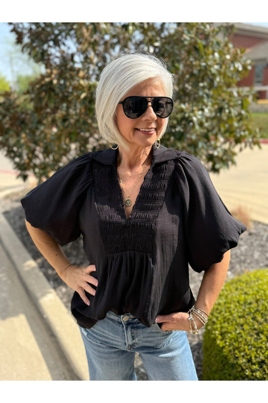 Pleated Front Vneck Collared Blouse