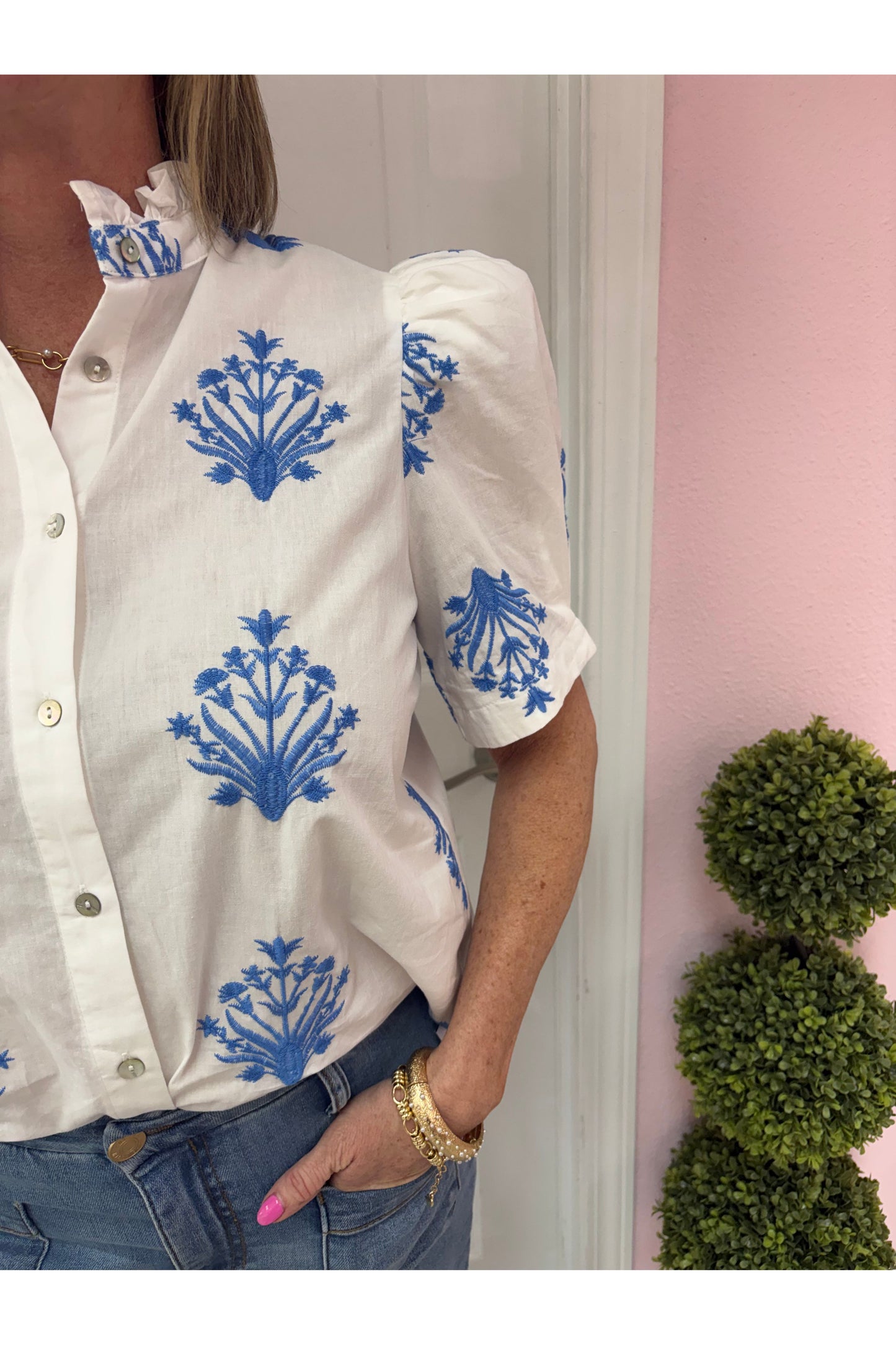 Bouquet Embroidered Button Up Blouse