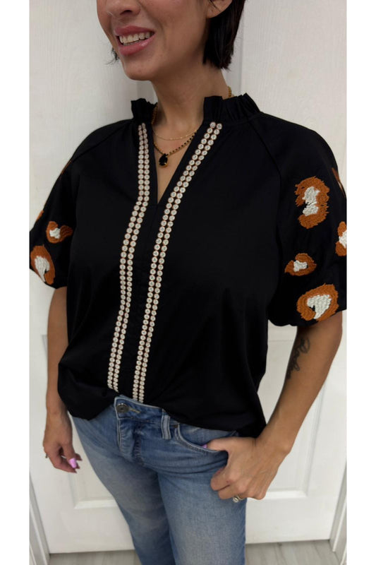 Black Animal Print Sleeve Blouse