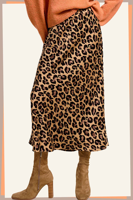 Satin Long Panel Leopard Skirt