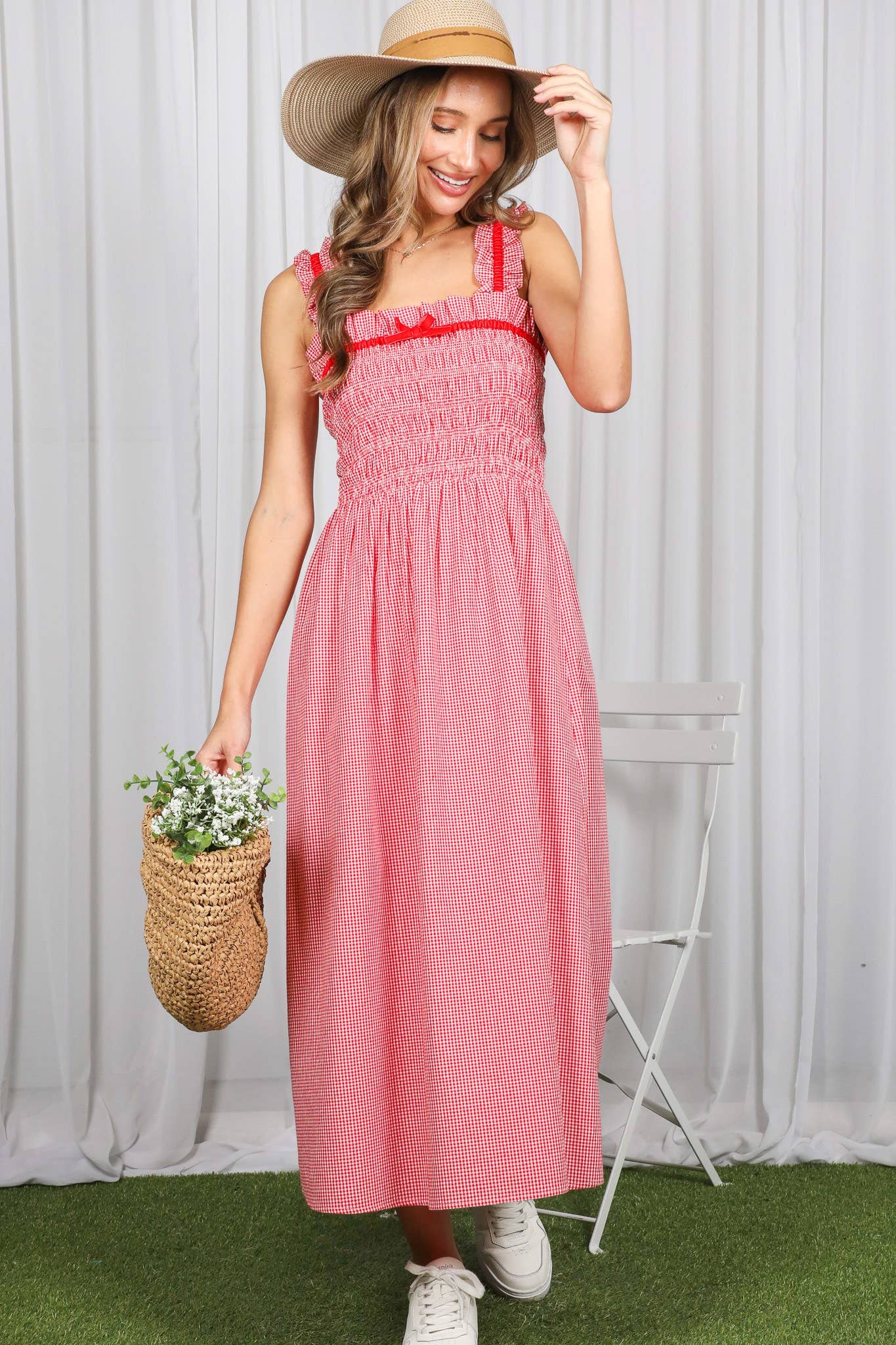 Velvet Trim Strap 100% Cotton Gingham Midi Dress