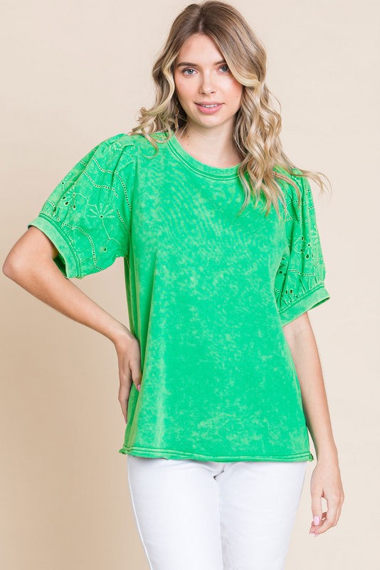 Washed Cotton Eyelet Sleeve Top