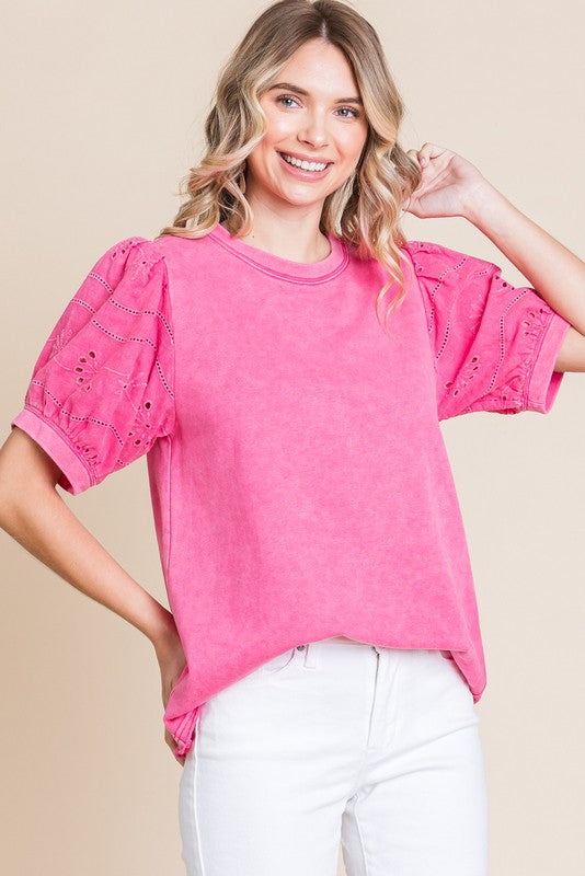 Washed Cotton Eyelet Sleeve Top