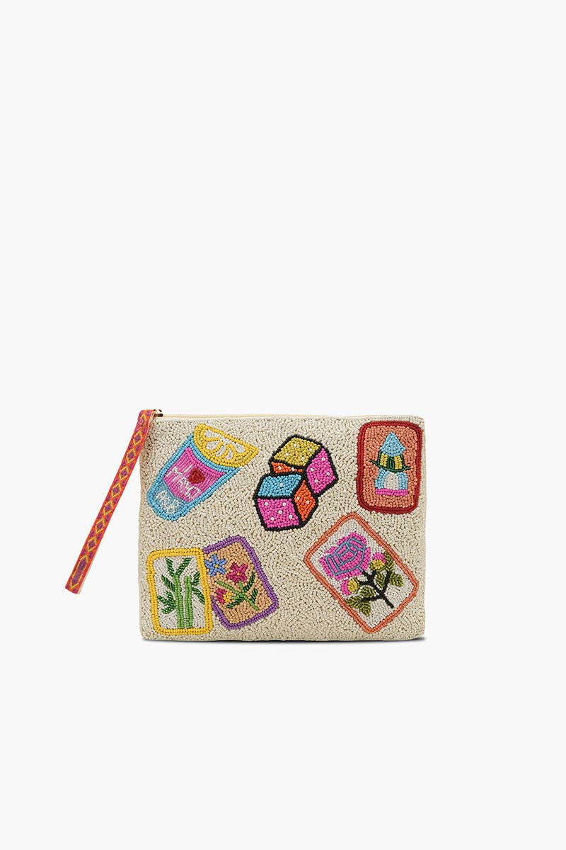 Mahjong Glam Fully Hand-Beaded Top Zip Clutch