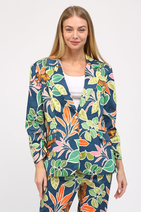 Tropical Print Satin Blazer