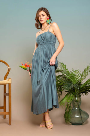 Shirred Teal Midi Dress