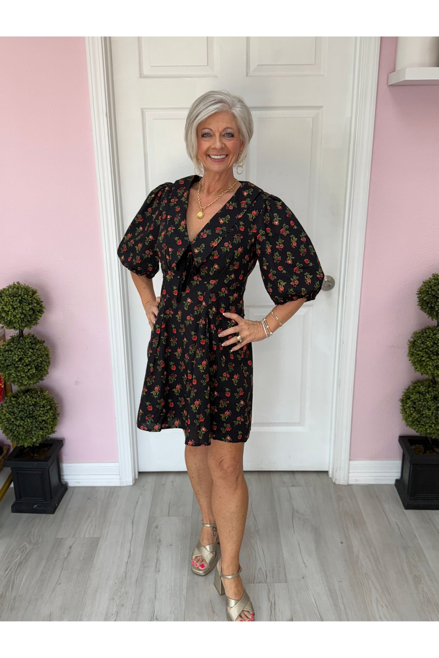 Floral Collar Dress W/Velvet Tie