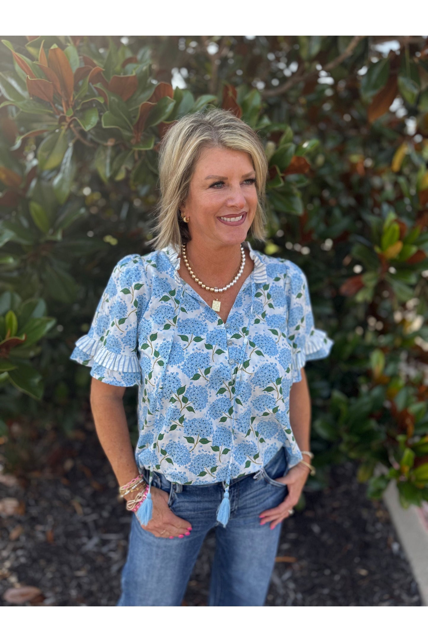 Blue Floral Print S/S Blouse