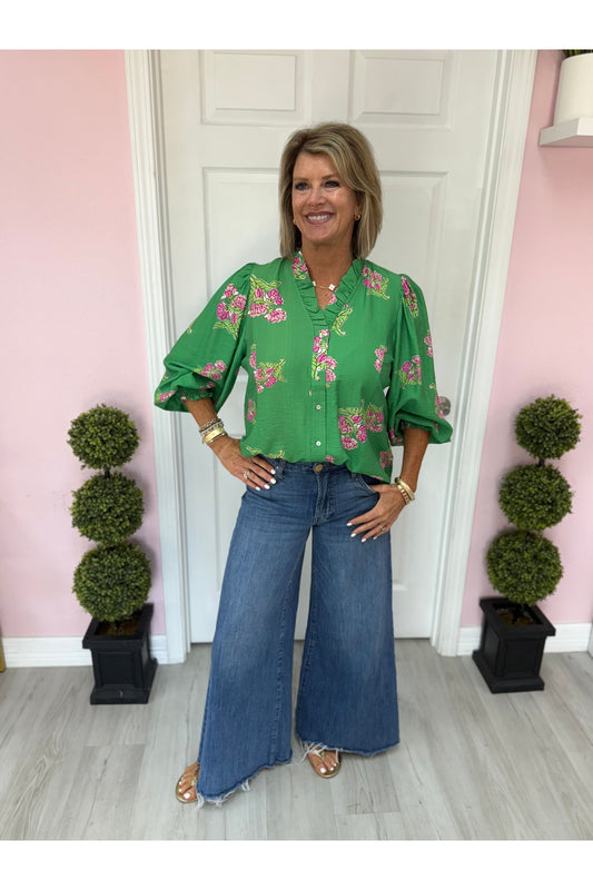Tamra Green L/S Floral Blouse
