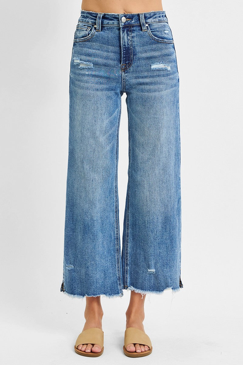 Crop Wide Side Slit Fray Hem