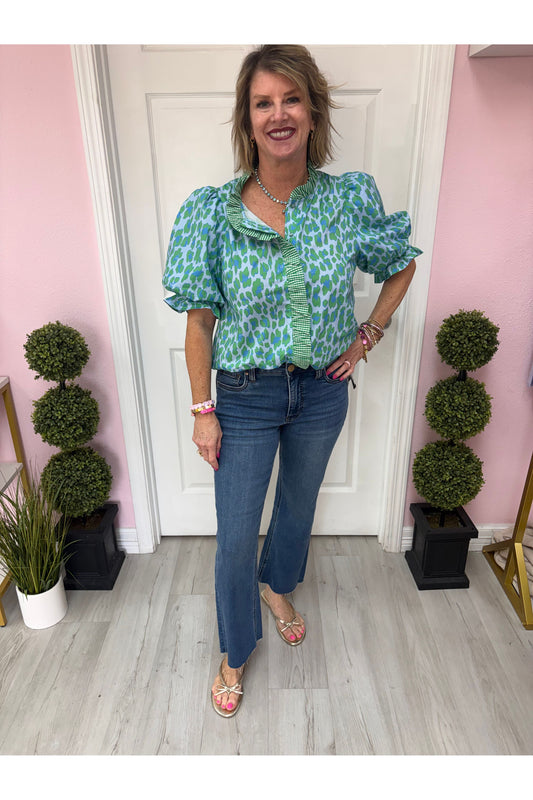 Laurie Leopard Print Puff w/Gingham Trim