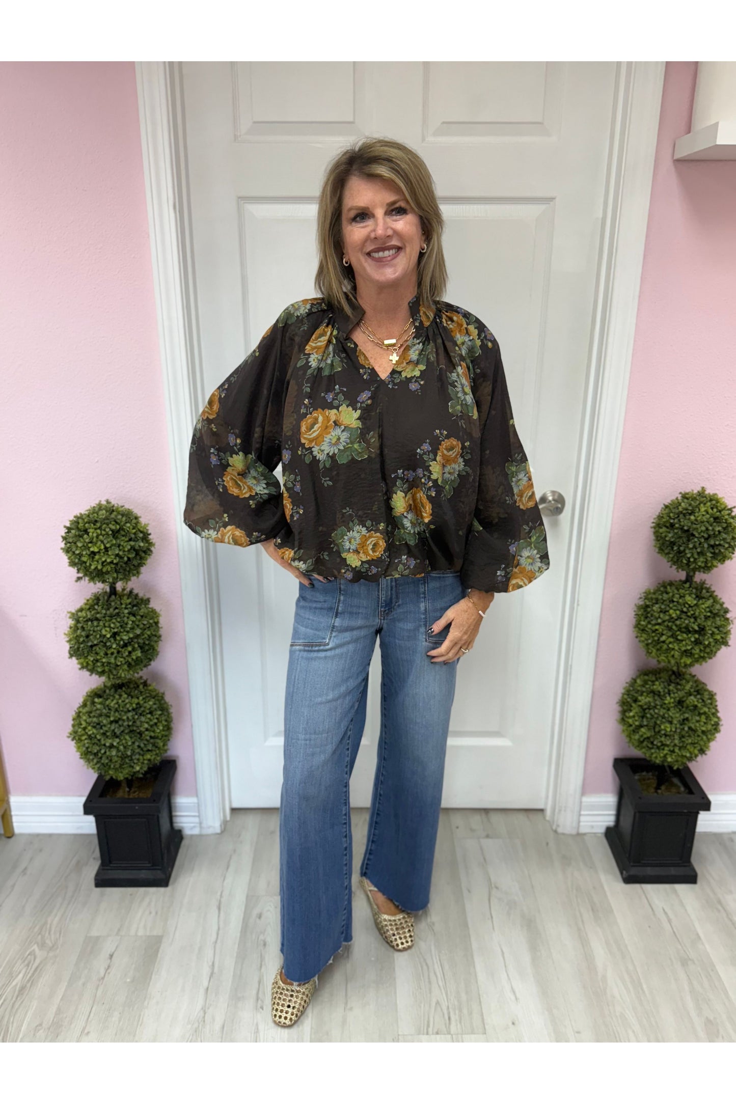 Chocolate Floral LS Blouse