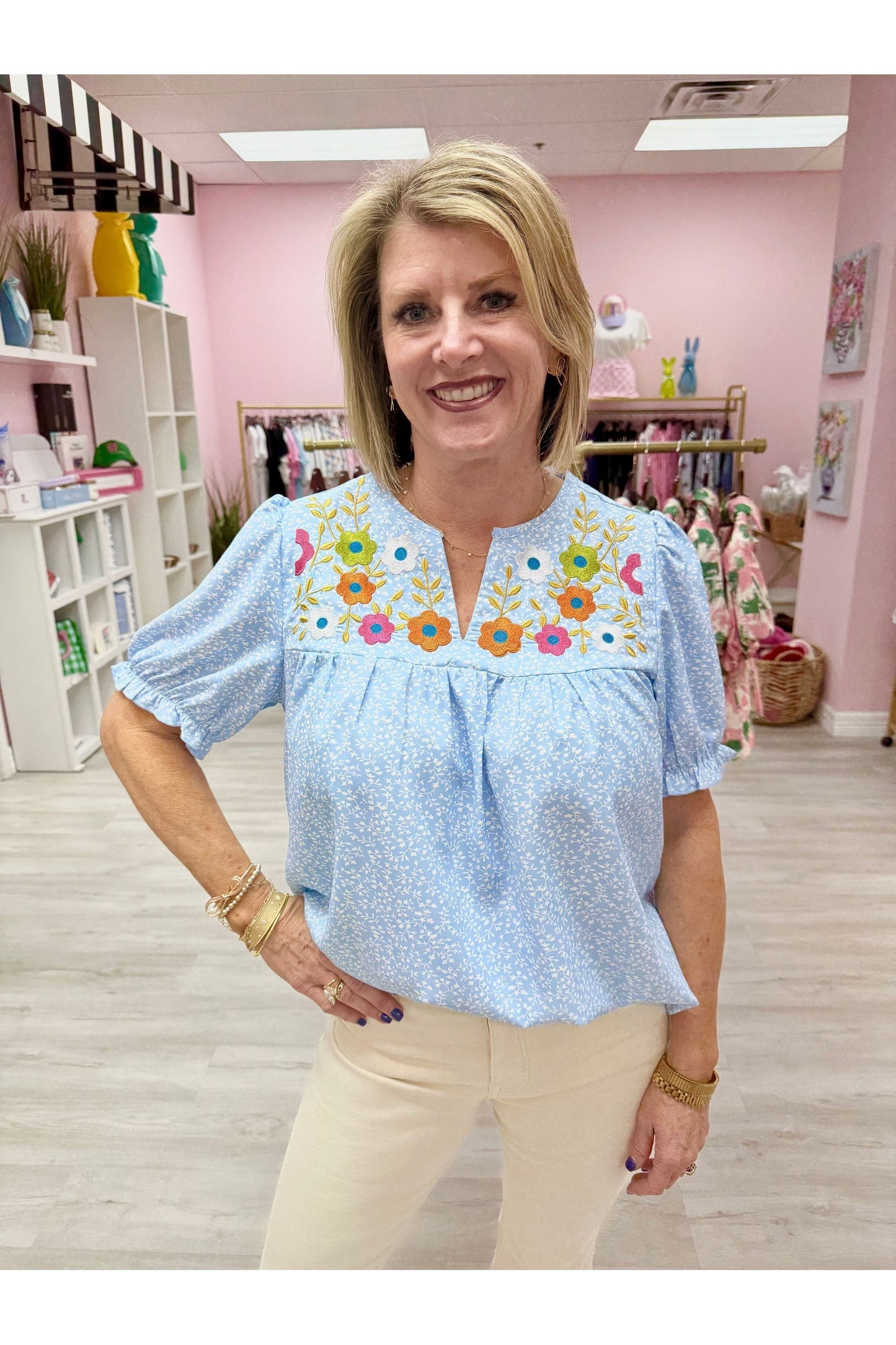 Floral Embroidered Puff Sleeve Notched V Neck Blouse
