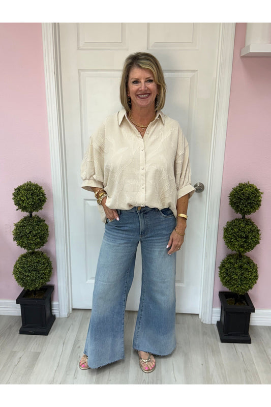 Jacquard Textured Leaf Button-Down Blouse