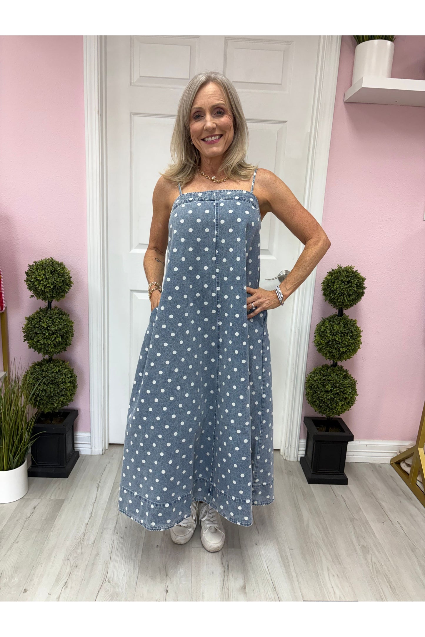 Polka Dot Denim A Line Dress