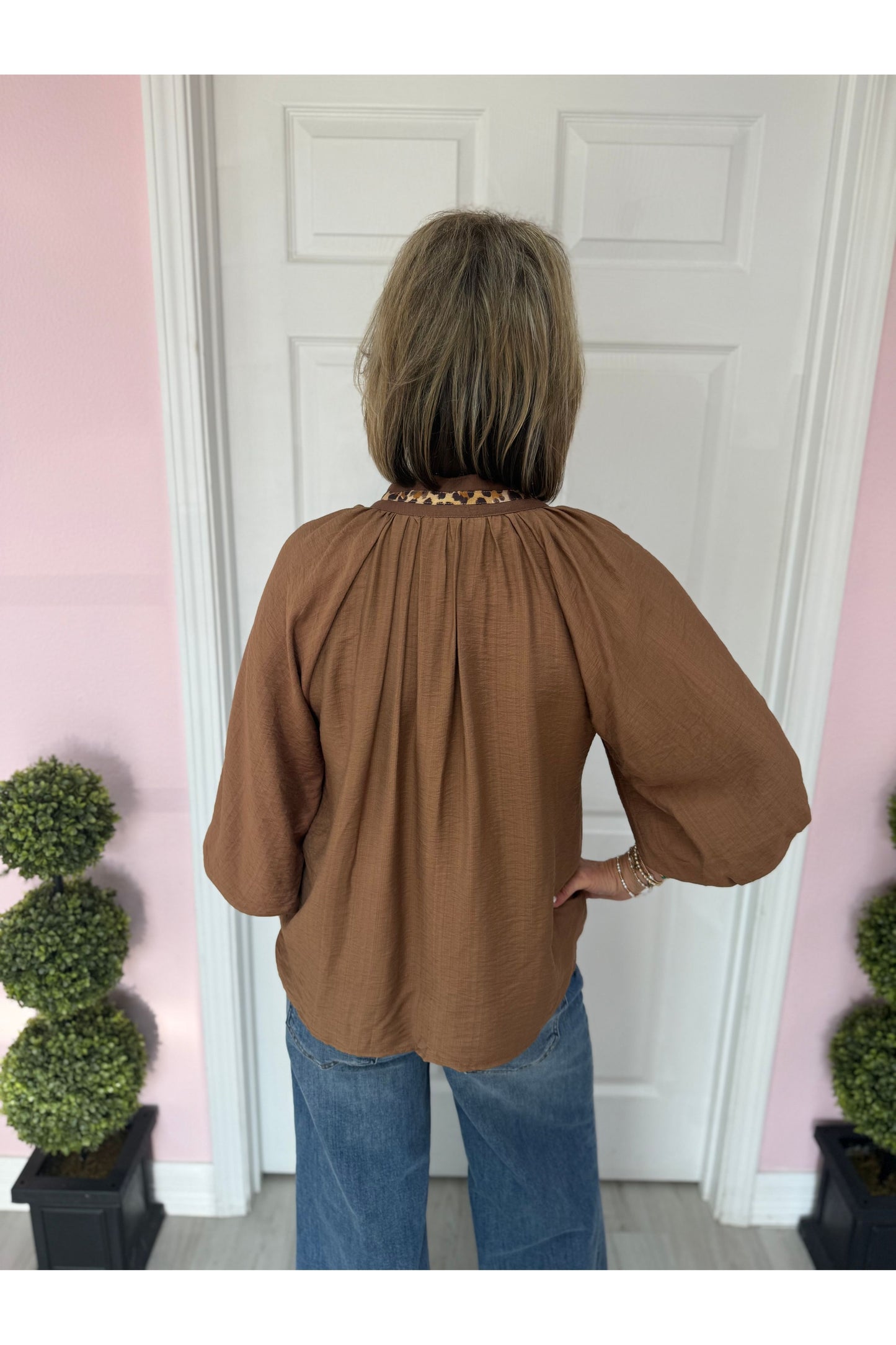 Leopard Trim V-Neck Blouse