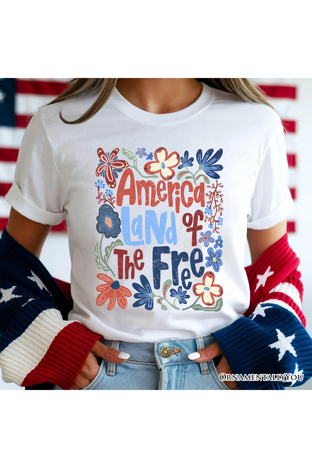 America Land of the Free T-Shirt – Retro Floral Independence