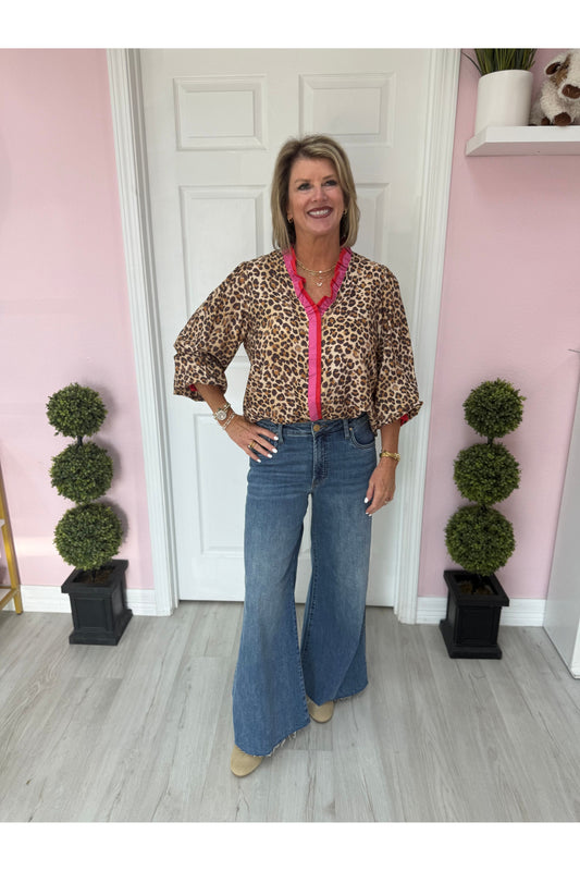 Leopard LS Blouse w/Wavy Trim