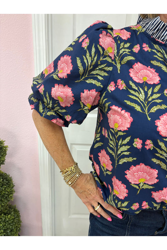 Brielle Navy Floral Puff Sleeve Top with Striped Accents