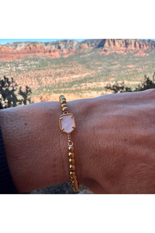 Pickleball Mother of Pearl Gold Beaded Bracelet