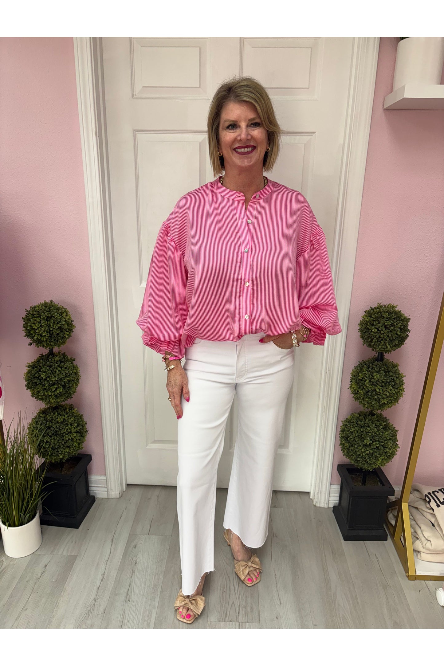 Pinstripe Bubble Sleeve Blouse